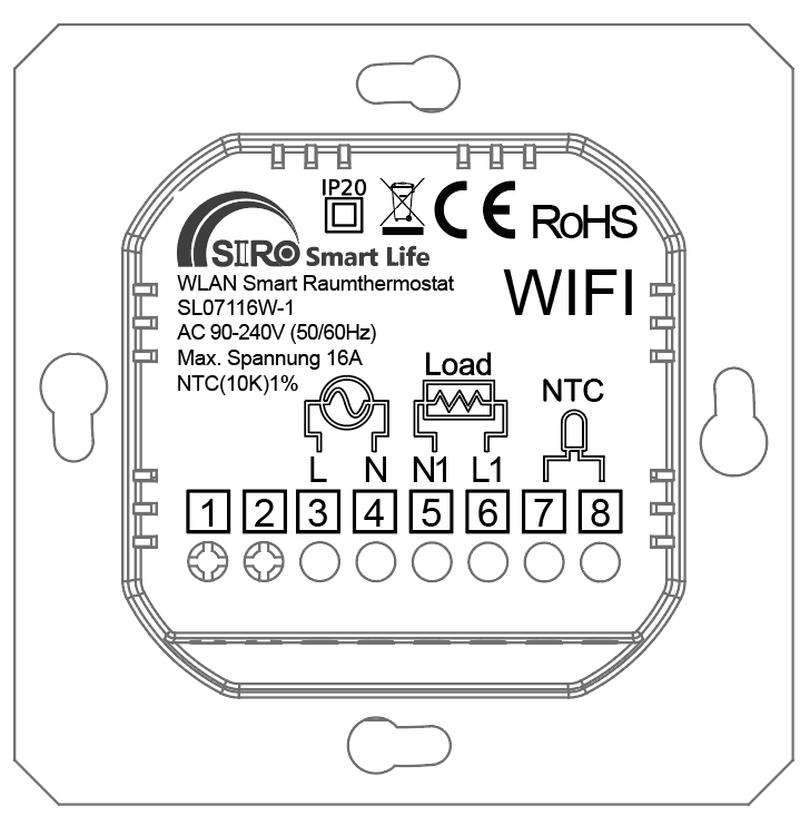 SIRO Smart Raumthermostat für elektrische Fußbodenheizung 4er-Set – technische Zeichnung des Anschlussplans, Klemmen 1-8