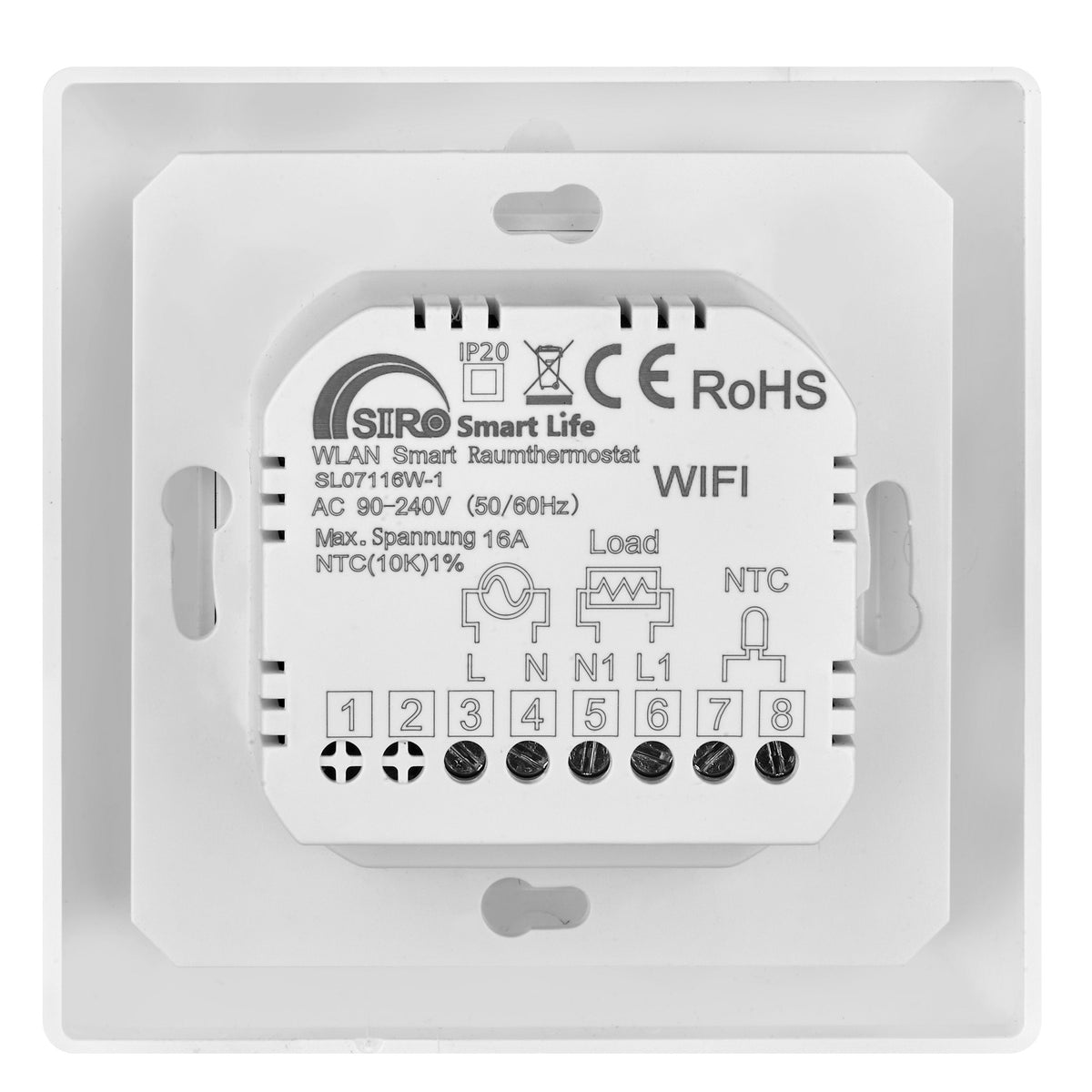 SIRO Smart Raumthermostat für elektrische Fußbodenheizung 4er-Set – Rückseite mit Anschlussplan, Klemmenbelegung 1-8