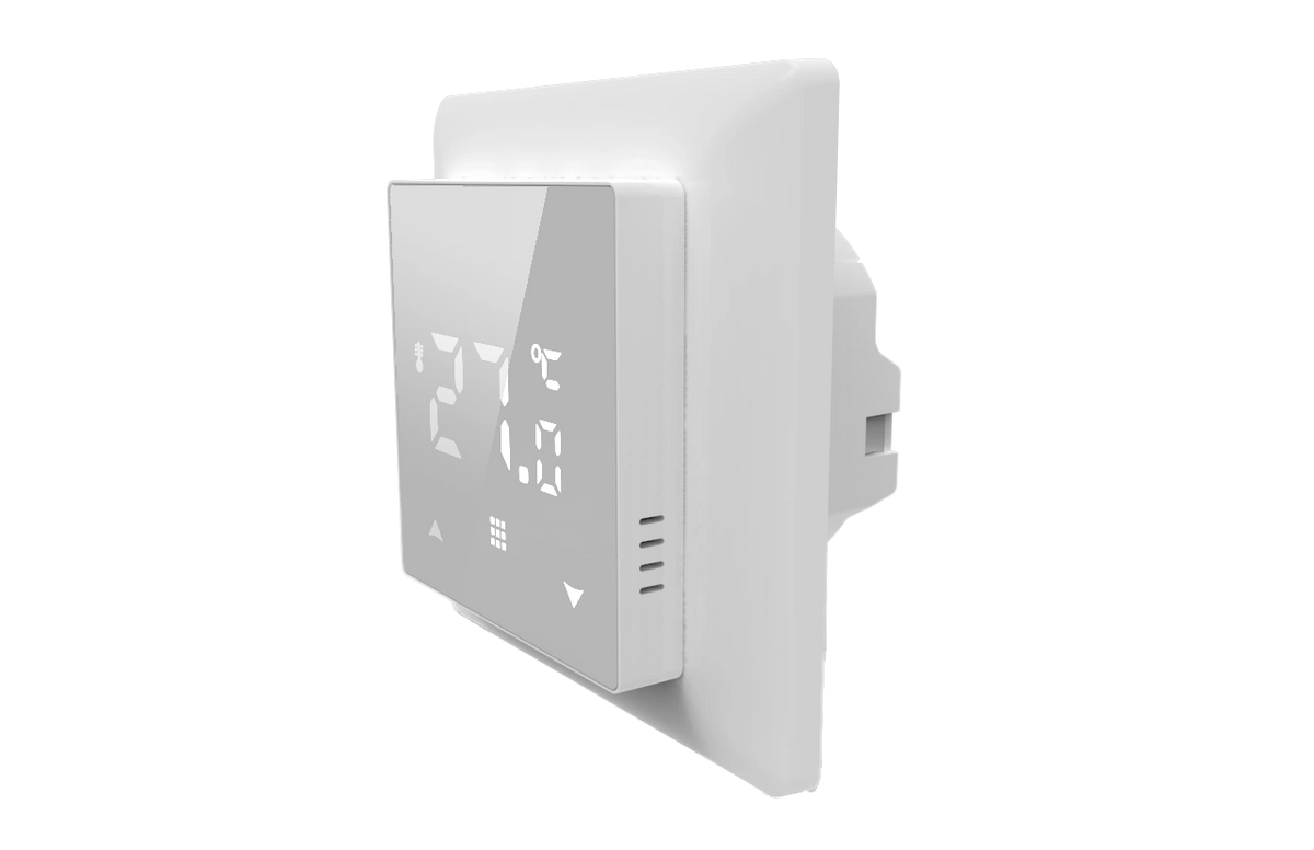 SIRO Smart Raumthermostat für elektrische Fußbodenheizung 4er-Set – perspektivische Ansicht an der Wand montiert